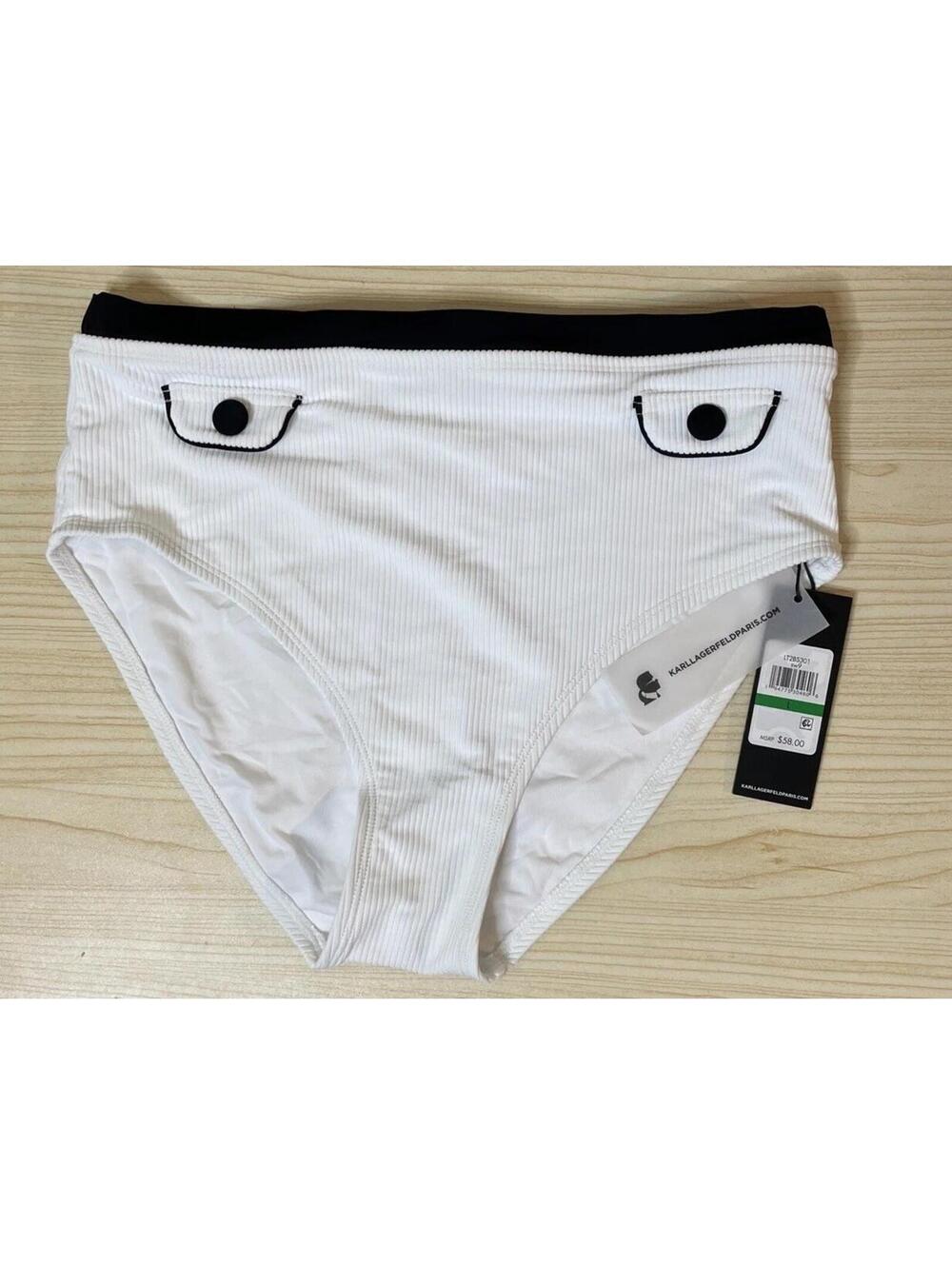 Karl Lagerfeld High Waisted Bikini Bottoms Women's L White Ribbed Swim NWT